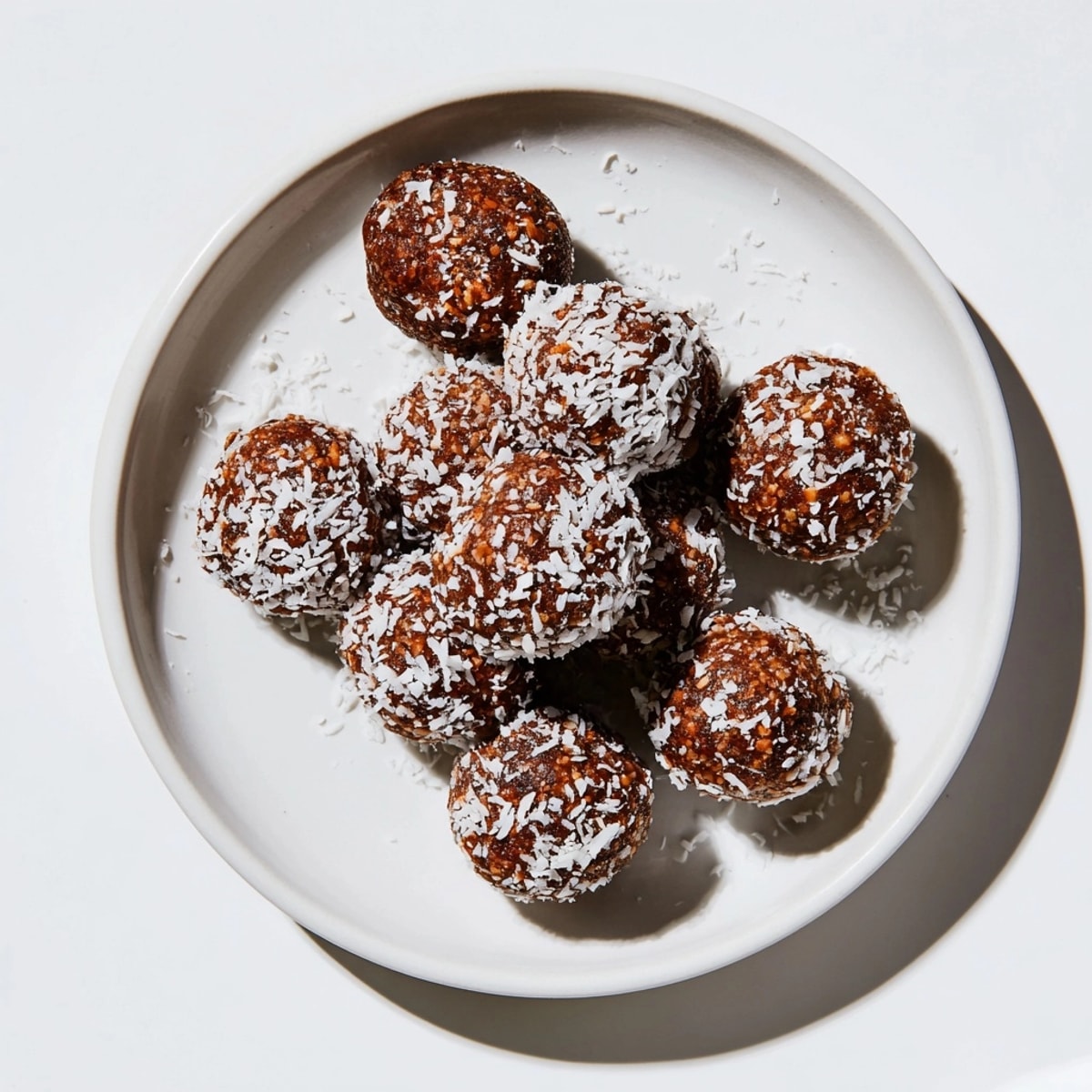 Nahaufnahme von hausgemachten, glutenfreien Energy Bites mit Datteln, fertig zum Genießen nach dem Kühlen.