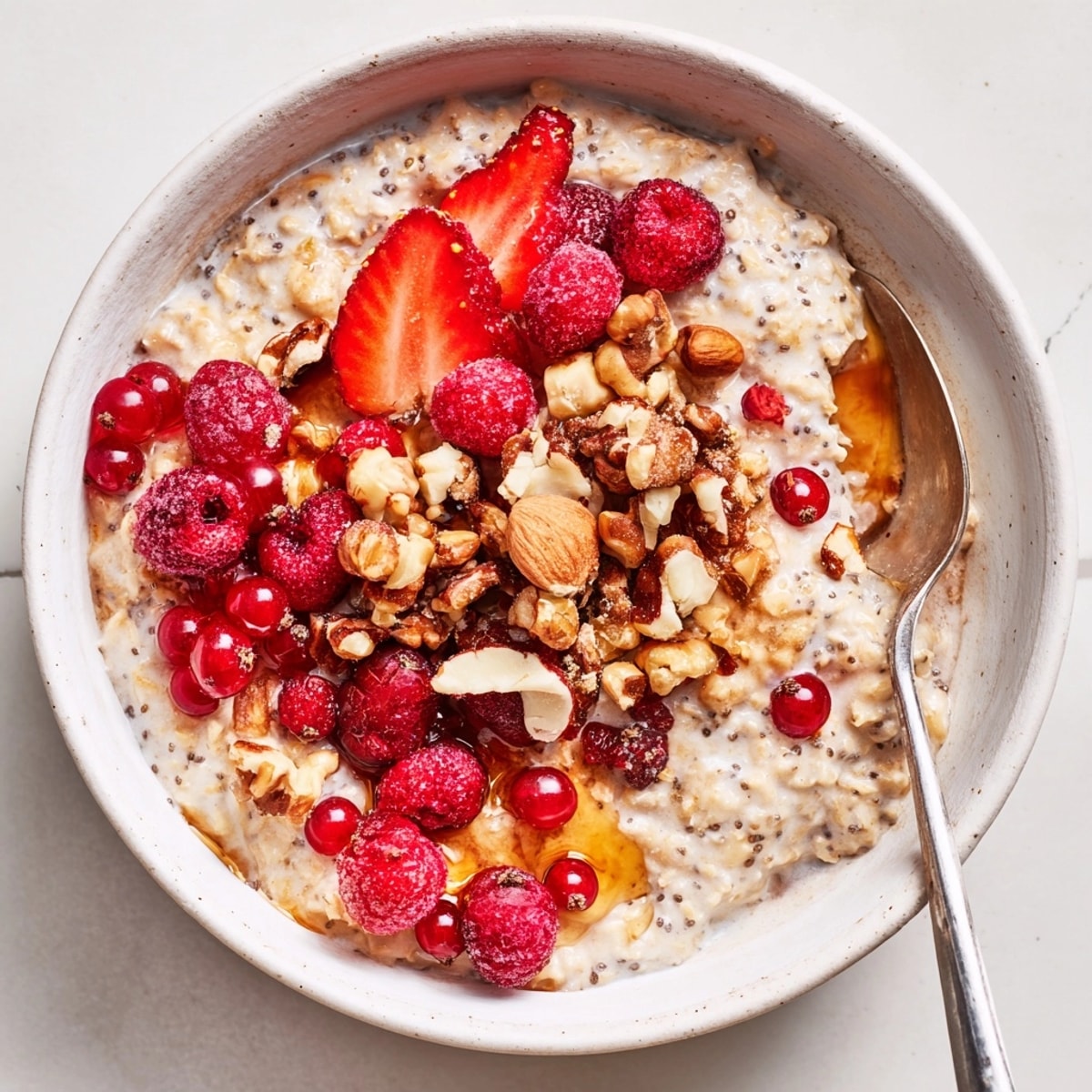 Cremiger Haferbrei mit Chiasamen, roten Beeren und Nüssen, ein köstliches Frühstück für einen guten Start.