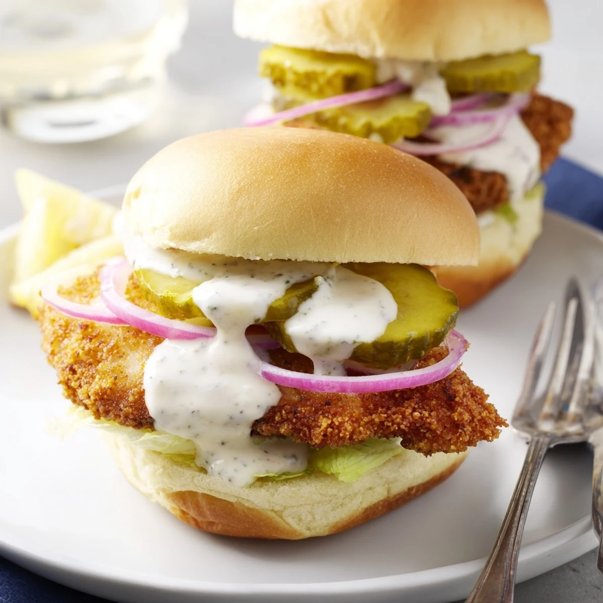 Mouthwatering Oktoberfest Cream Soda Schnitzel Sliders topped with creamy sauce and fresh veggies.  
