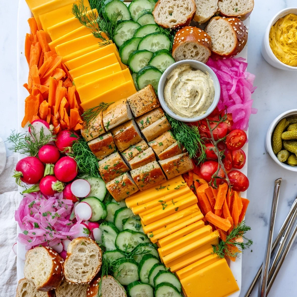 Vegan bratwurst charcuterie board adorned with colorful veggies and vegan cheeses.  