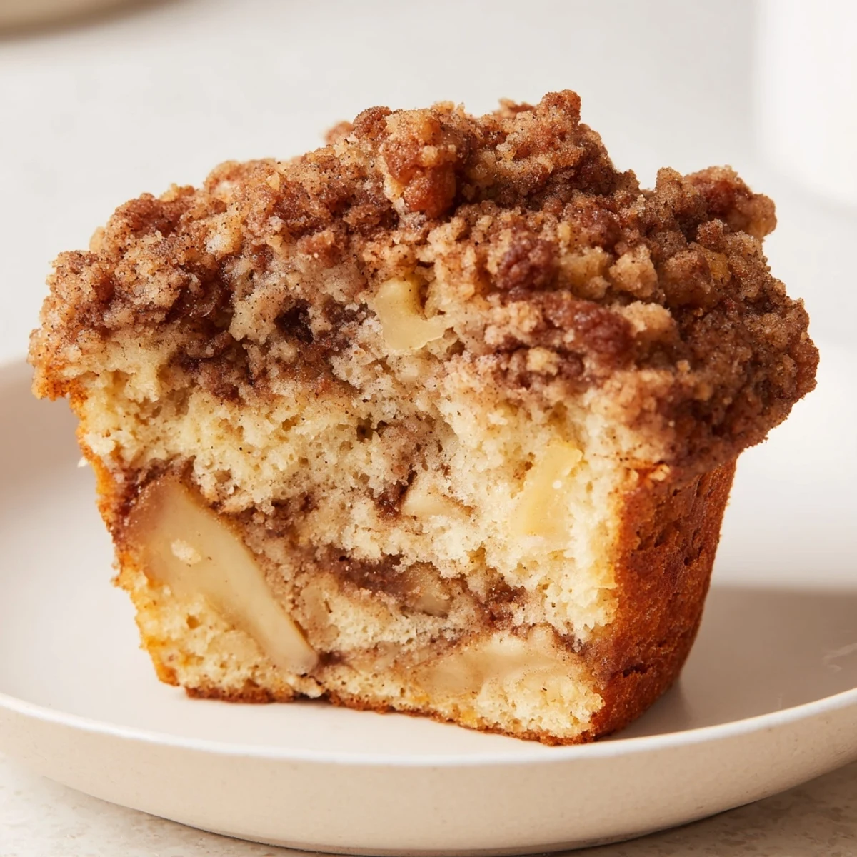 Tender Cinnamon Streusel Apfelkuchen Muffins with apple chunks and sweet cinnamon swirl.
