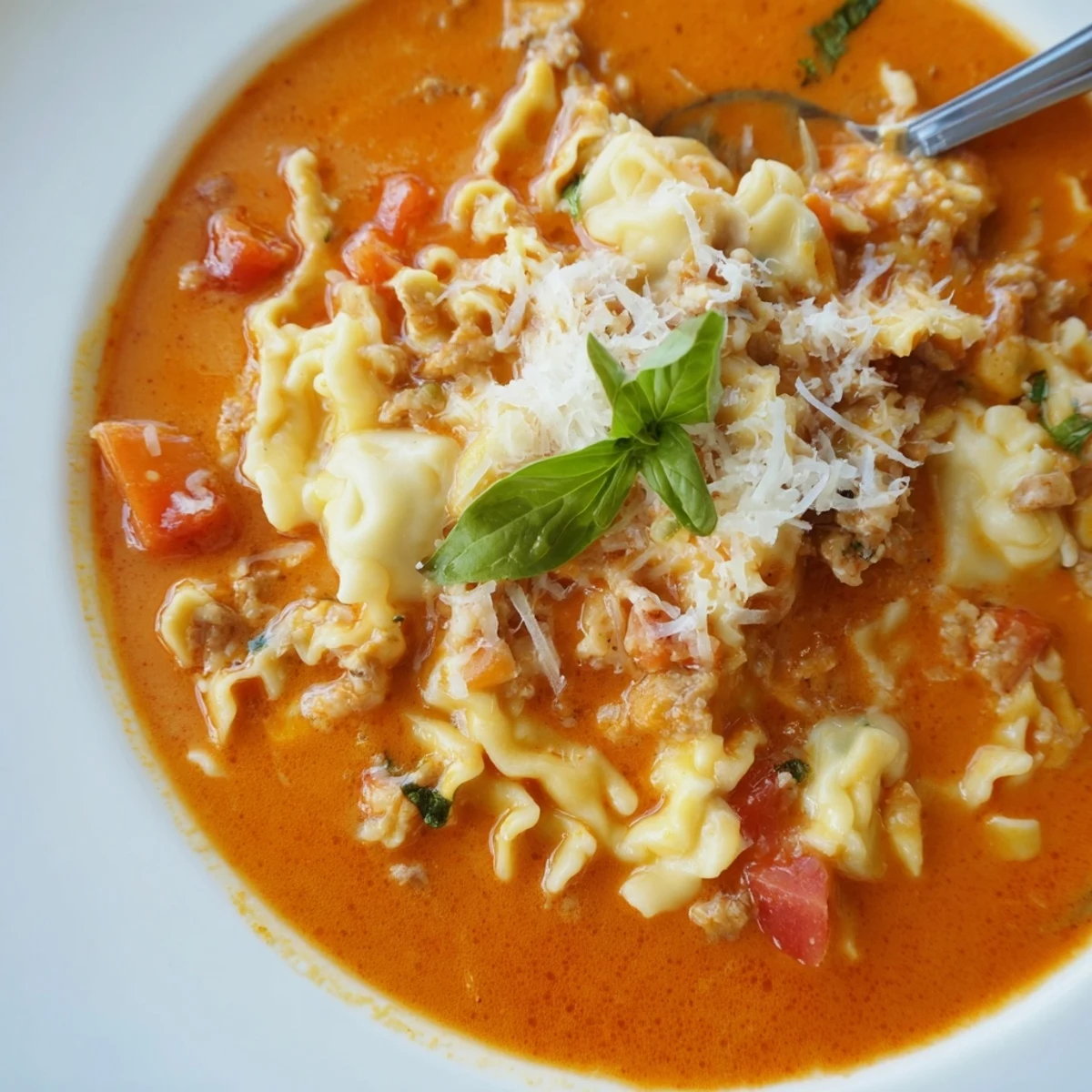 Delicious Cheesy Spaetzle Lasagne Soup bubbling with flavors of tomato and herbs.