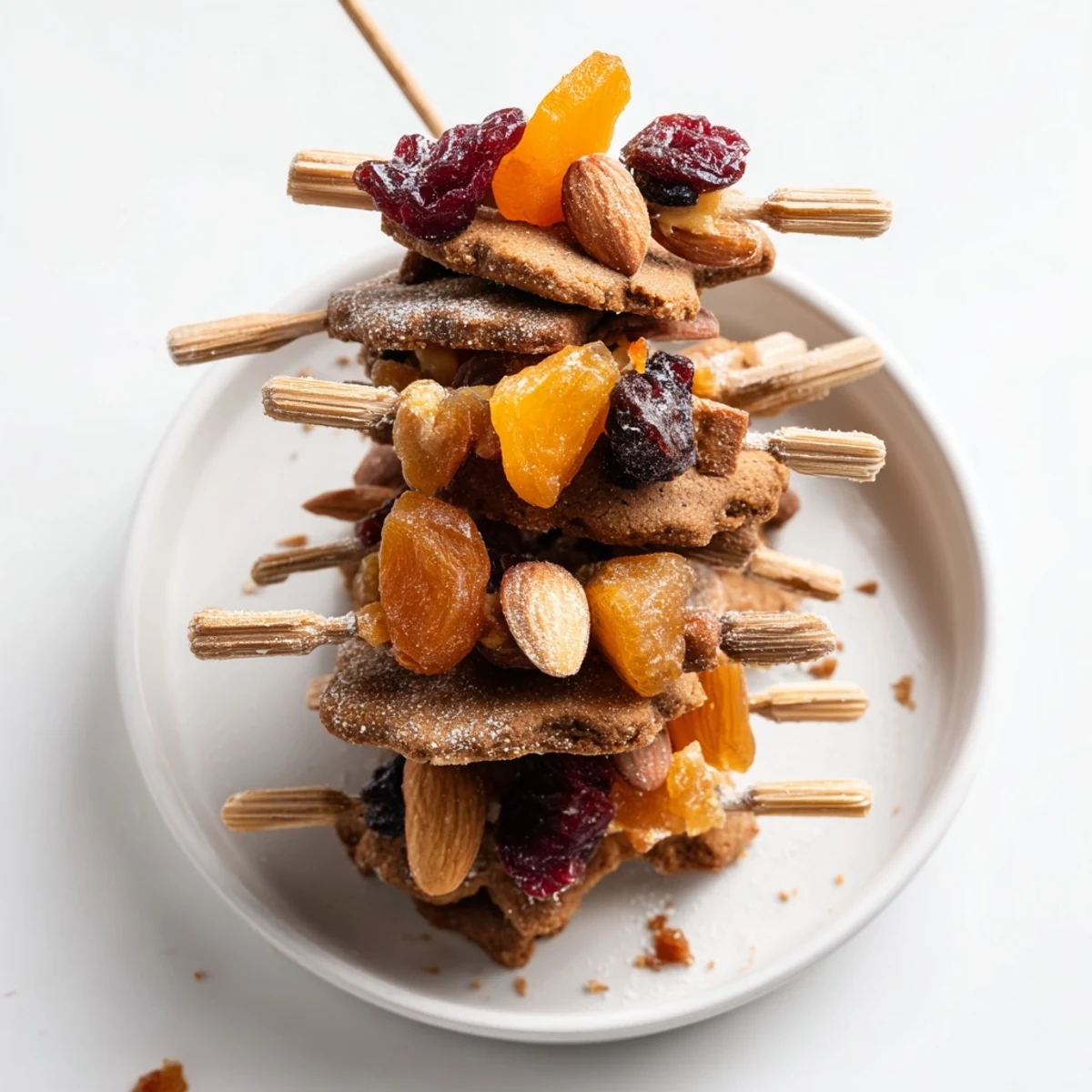 Holiday-inspired Lebkuchen cookie skewers with almonds, apricots, and cranberries for a festive treat.