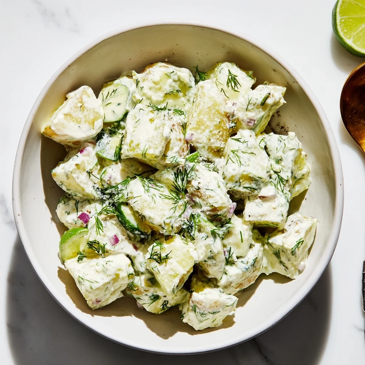 Tangy Pickle Margarita Potato Salad served with coarse salt and fresh lime wedges.  
