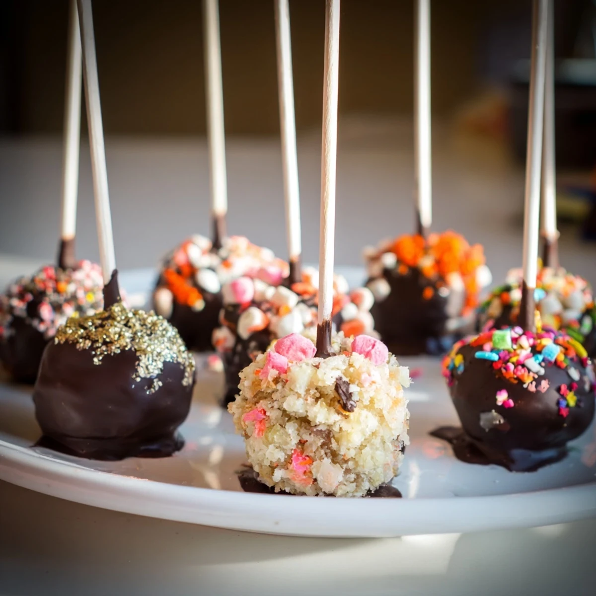Indulgent marzipan chaos cake pops nestled in a bed of colorful sprinkles.  