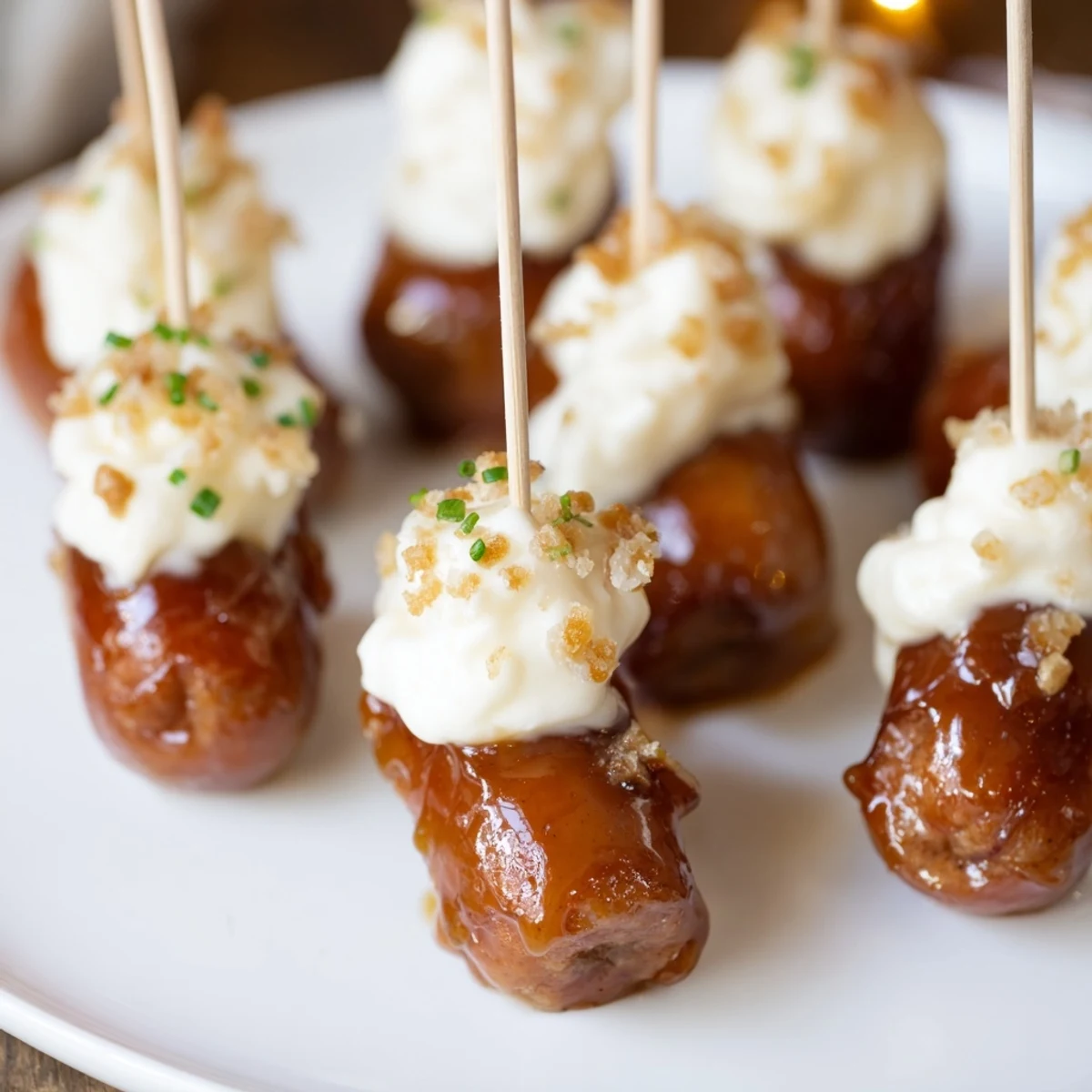 Savory Butterbeer Float Brat Bites topped with creamy vanilla foam and toffee bits.  