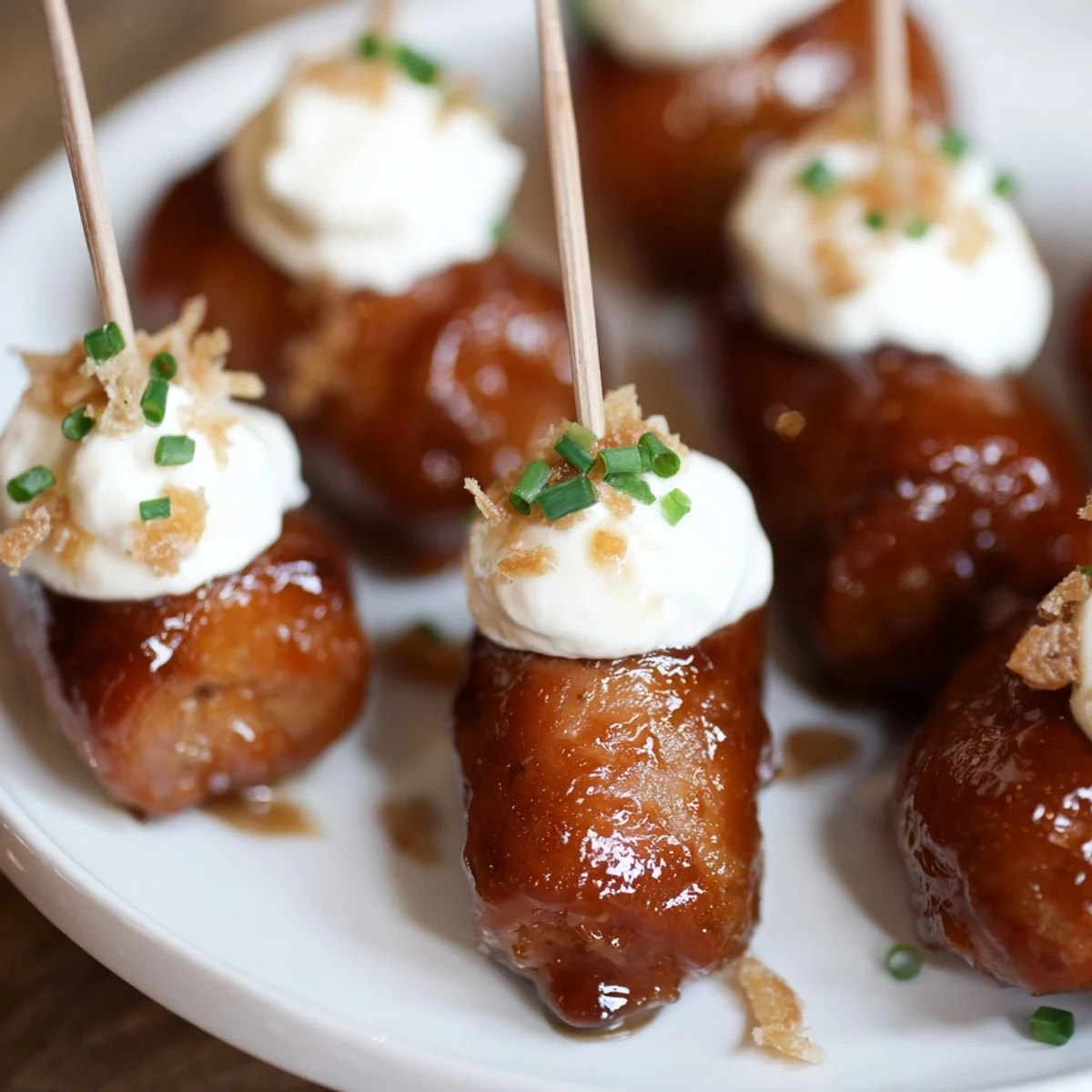 Golden brat bites drizzled with sweet butterbeer glaze for a delightful appetizer.  