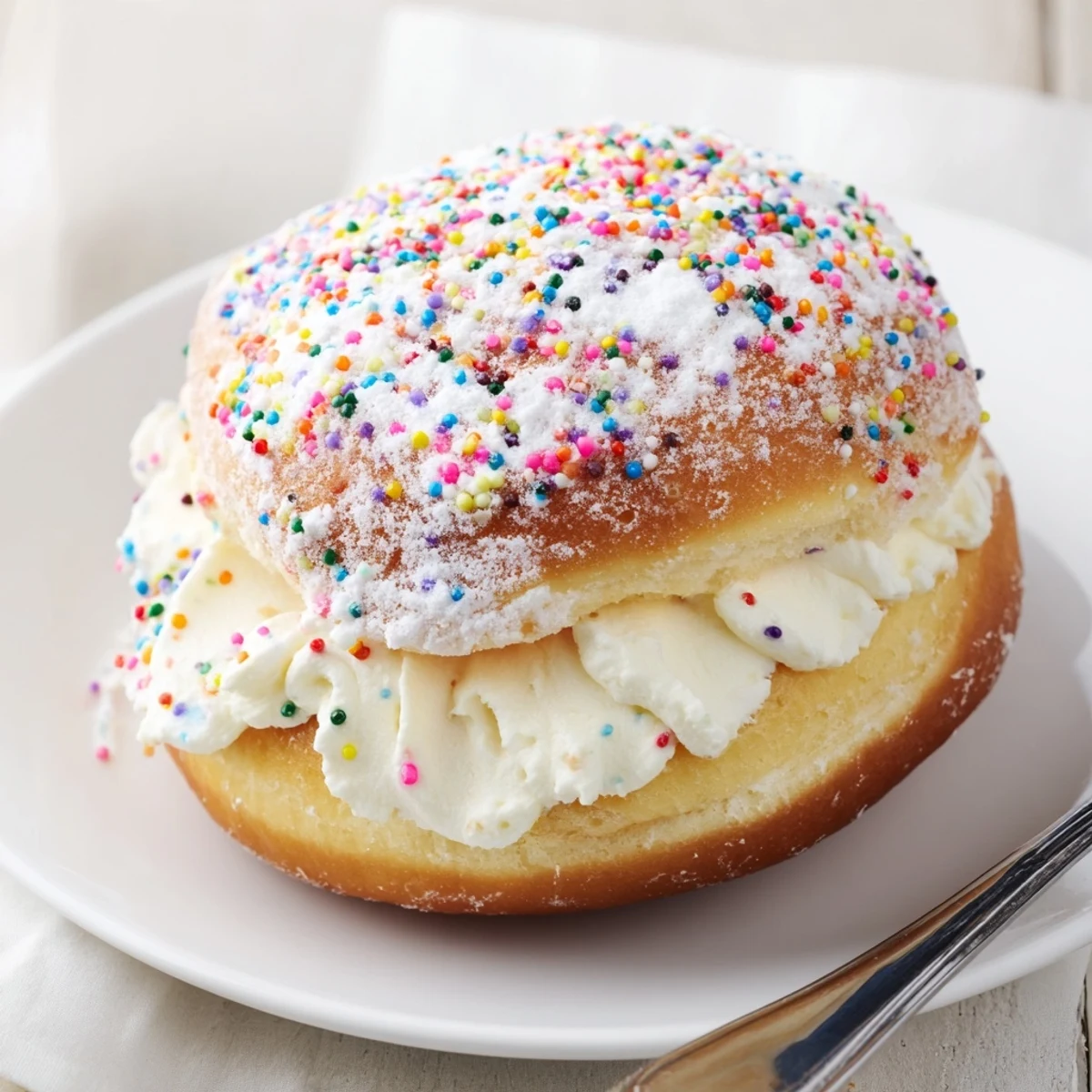 Colorful Funfetti Berliners filled with creamy vanilla, perfect for celebrations.