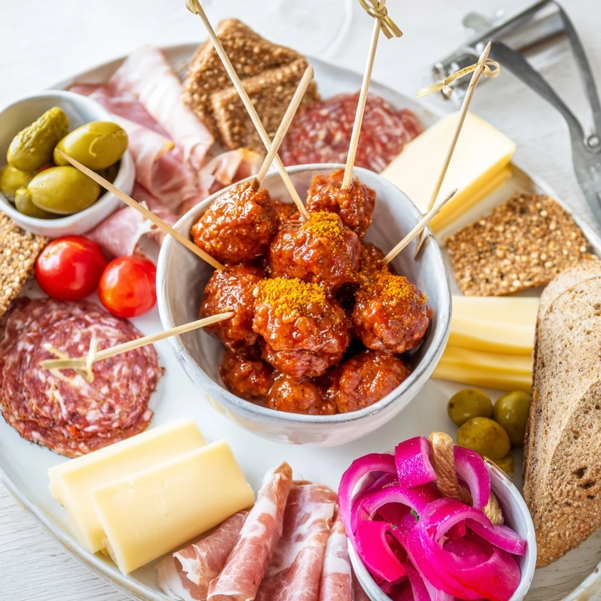 Festive charcuterie board featuring Currywurst bites, rich cheeses, and vibrant accompaniments.