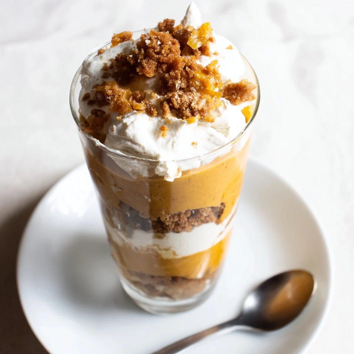 Lebkuchen-Pumpkin-Parfait-Tassen zeigen schichtweise Gewürzlebkuchen und cremige Kürbismousse.  