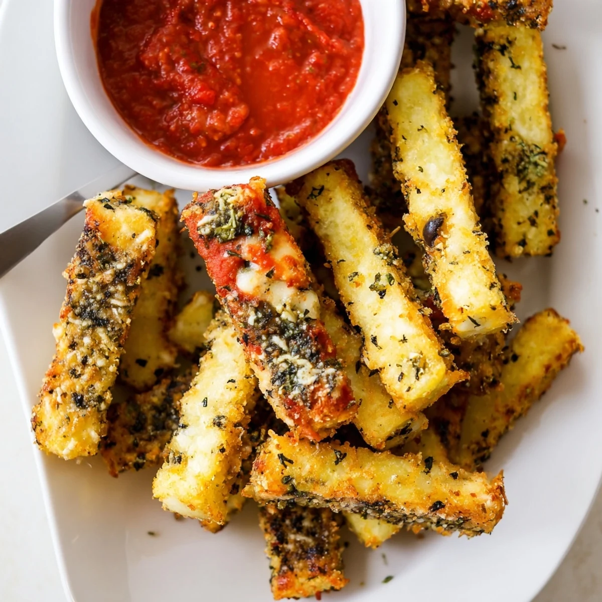 Herzhafte, knusprige Kartoffelpuffer-Sticks, die perfekt mit Marinara serviert werden.