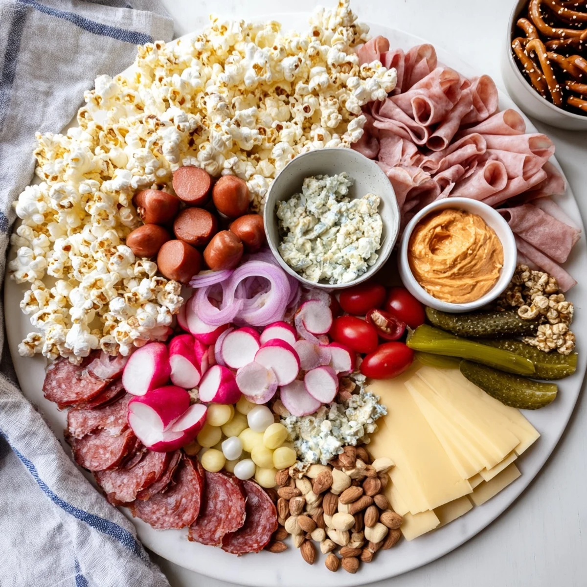 Bayerisches Charcuterie-Popcorn-Board mit herzhaften Würstchen, Käse und buntem Gemüse serviert.  
