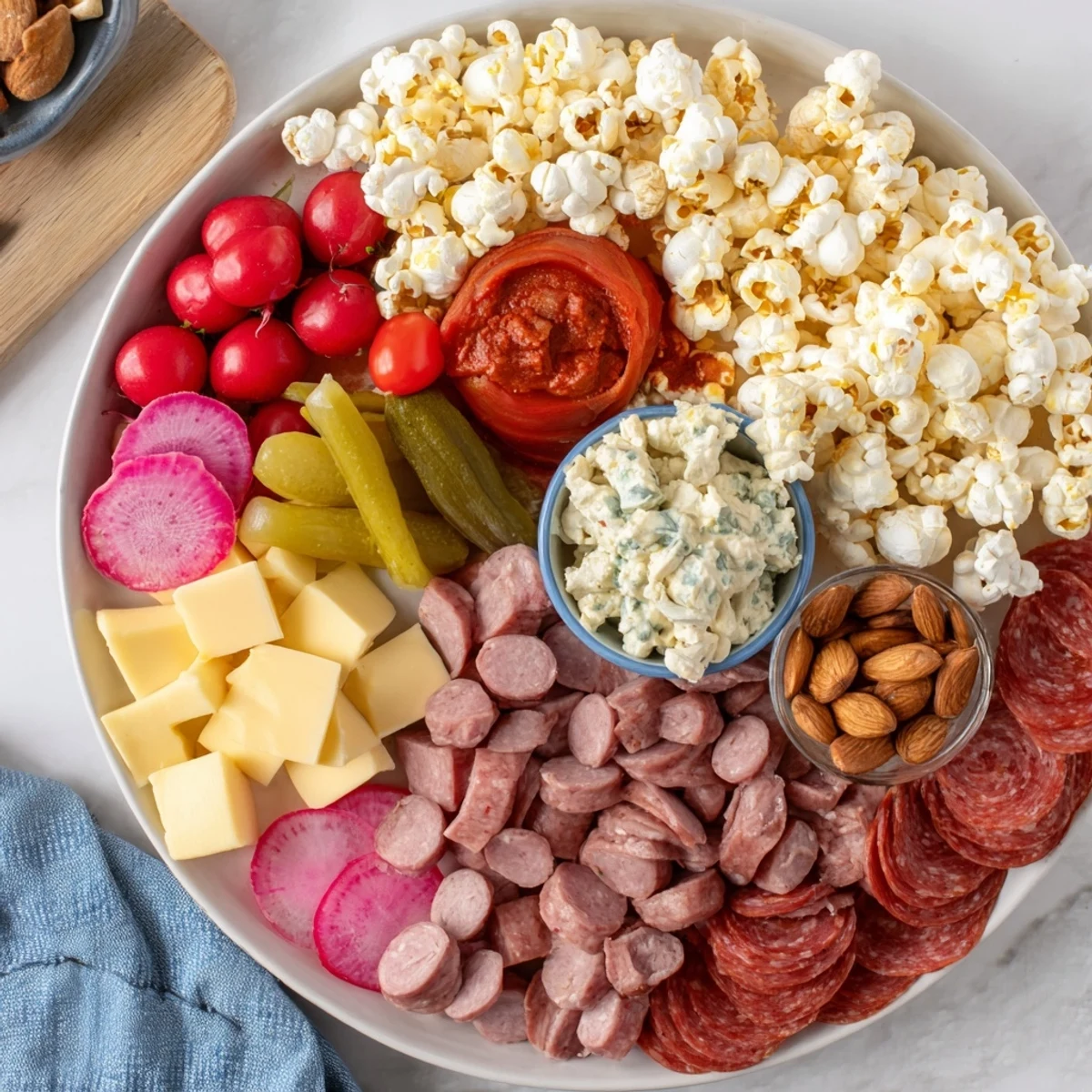Lustiges bayerisches Charcuterie-Popcorn-Board, perfekt für eine gesellige Vorspeise.  