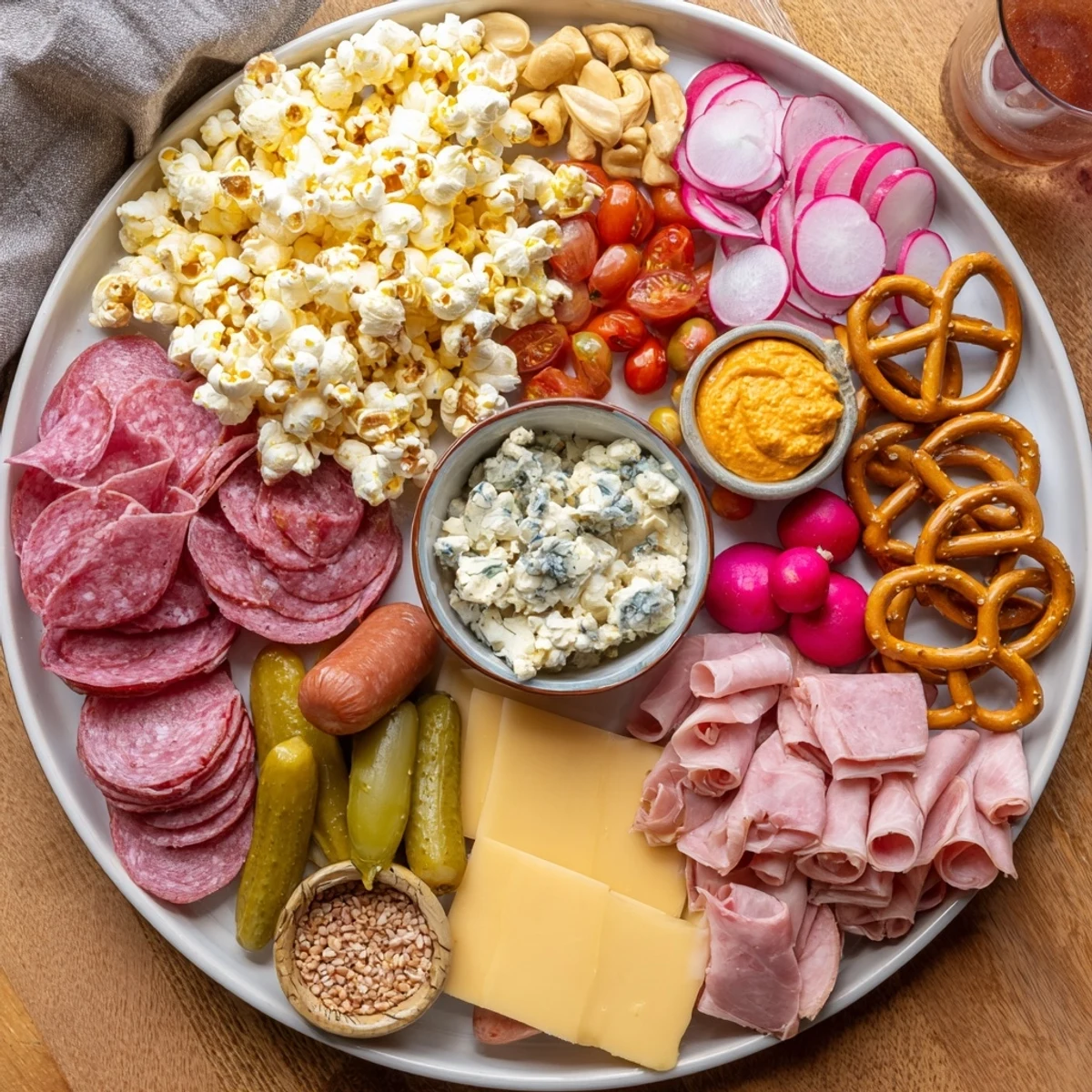 Bayerisches Charcuterie-Popcorn-Board voller Aromen und knusprigem Popcorn für Partys.