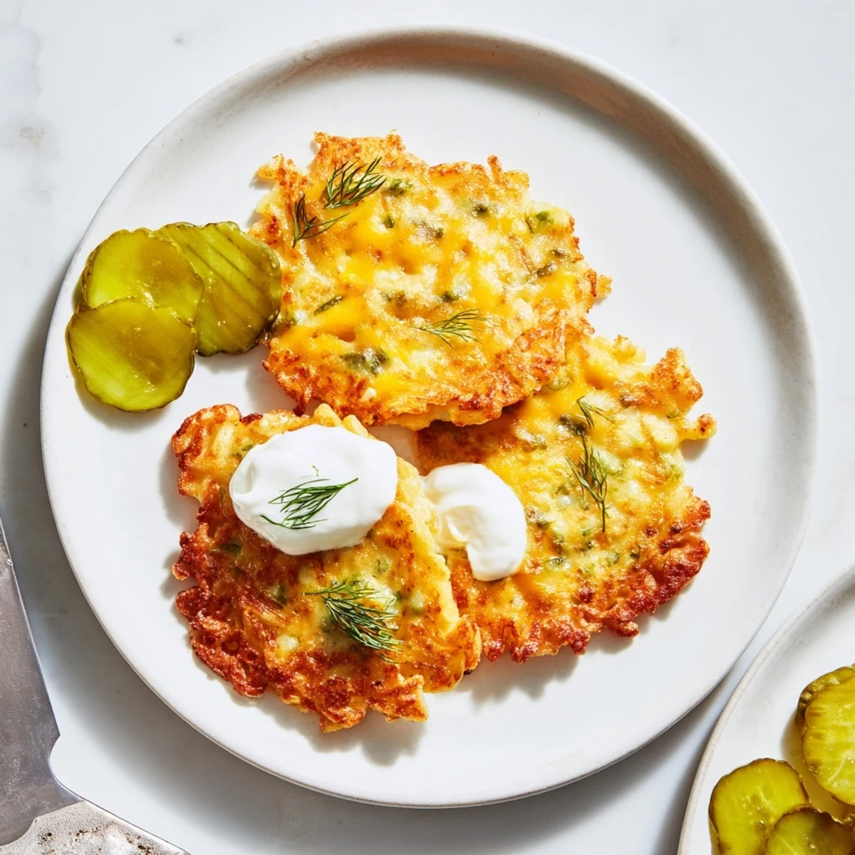 Aromatische Pickle Juice Spaetzle Fritters, mit frischem Dill und geschnittenen Gurken garniert.