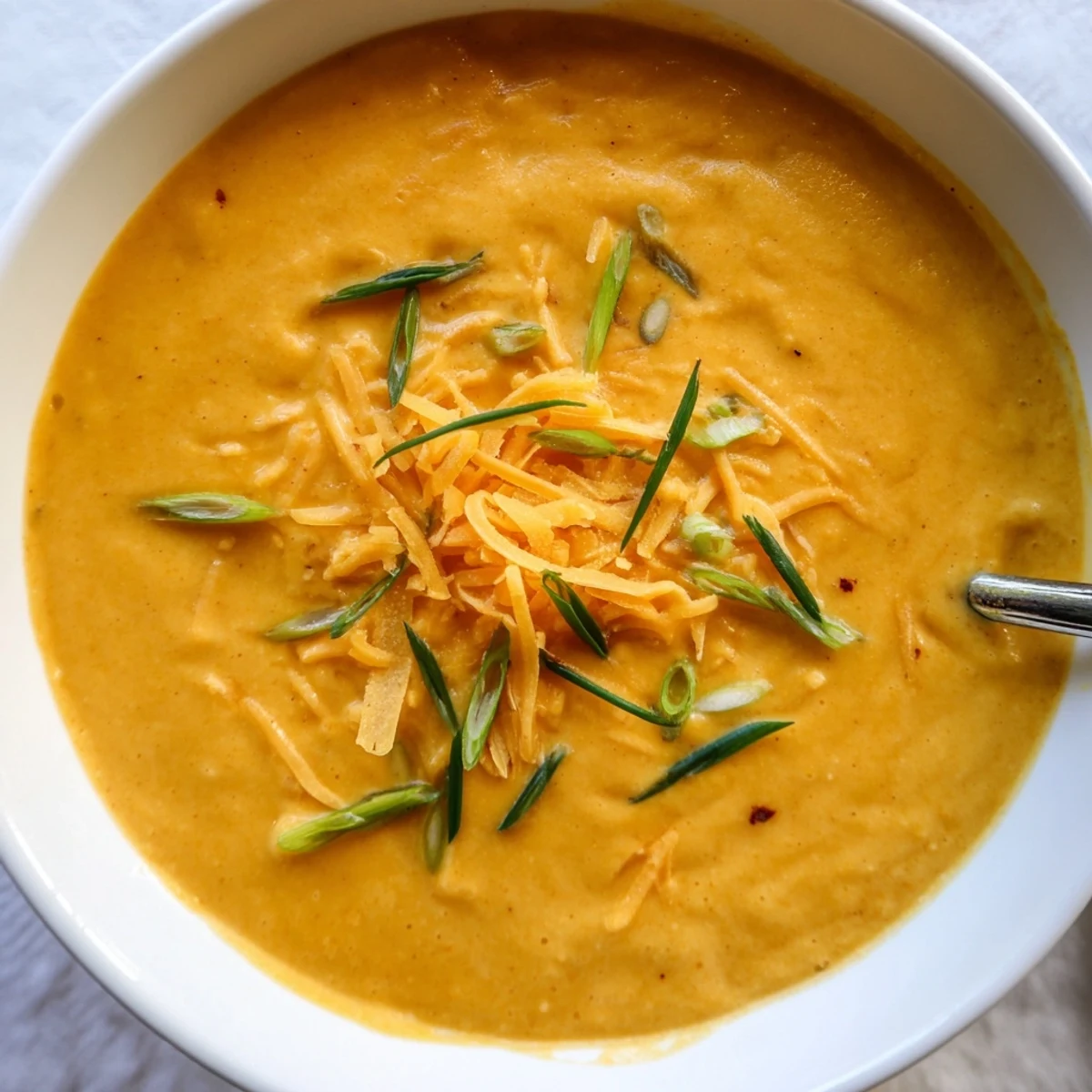 Herzhafte veganer Bierkäse-Pumpkin-Suppe, serviert in einer Schüssel mit knusprigem Brot.  