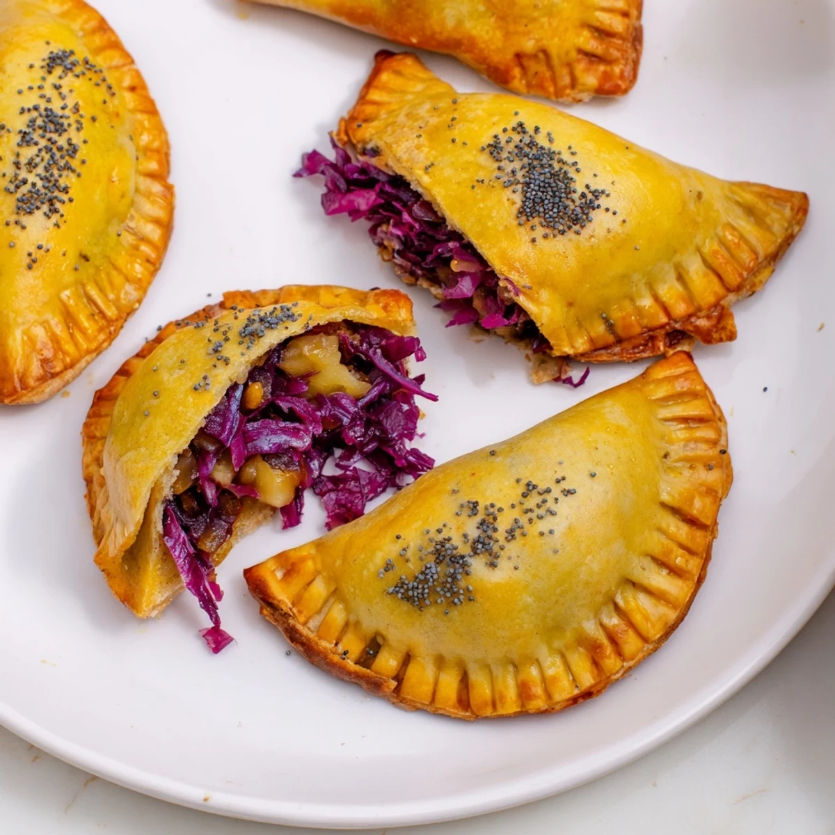 Golden-brown Red Cabbage Strudel Empanadas served warm with yogurt-dill dip.  