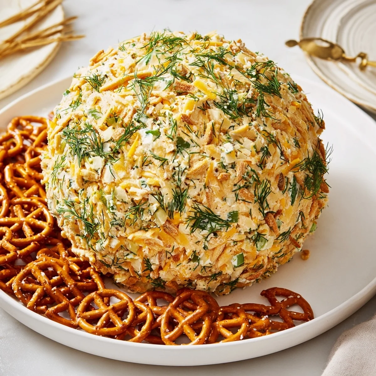 Festliche Pickle-Pretzel-Cheeseball mit knusprigen Brezelstückchen und frischen Kräutern.  