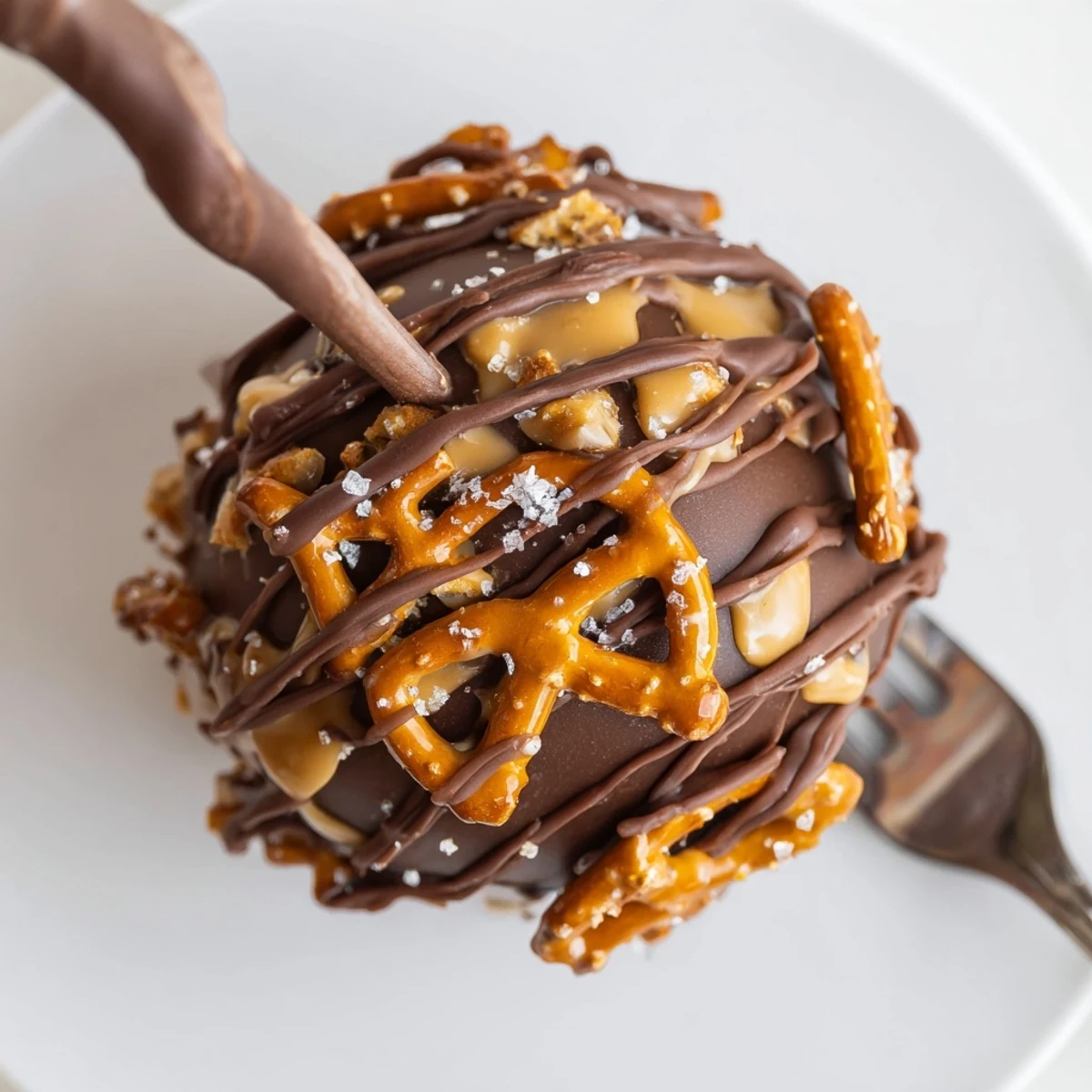 Schokoladen-Kekse am Stiel mit Karamellsoße und knusprigen Pretzels dekoriert.  