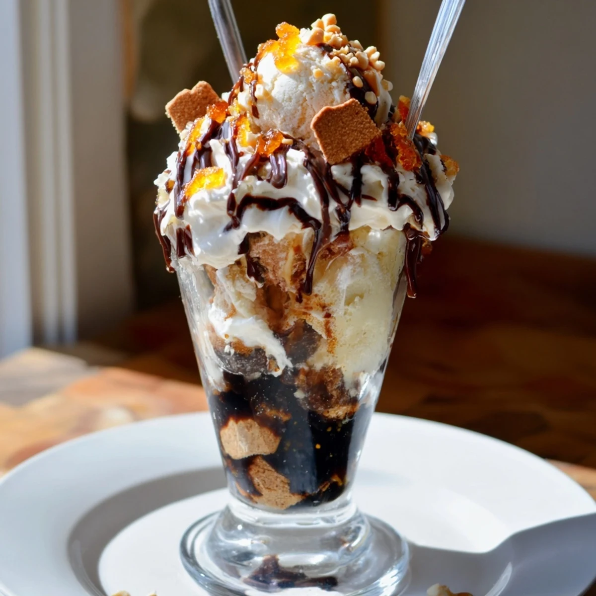 Festliches Rebel Float Lebkuchen Sundae, gekrönt mit Sahne und kandierter Orange.  