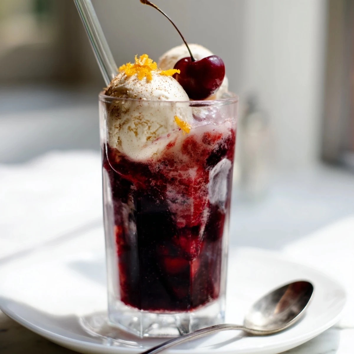 Festlicher Cherry Glühwein Soda Float mit cremigem Vanilleeis und sprudelnder Erfrischung.