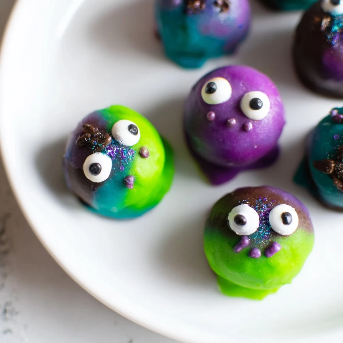 Nahtlos in Schokolade gehüllte Marzipan-Monsterkuchen-Trüffel für Halloween-Partys. 