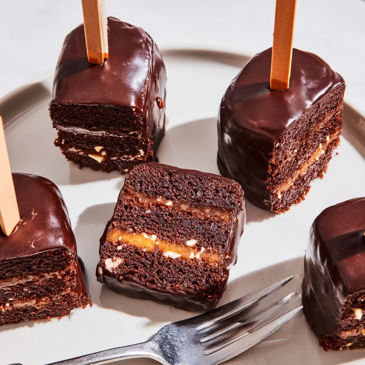 Genussvolle Chaos Cake Sacher Muffin Sticks, die schokoladig und fruchtig mit süßer Glasur glänzen.