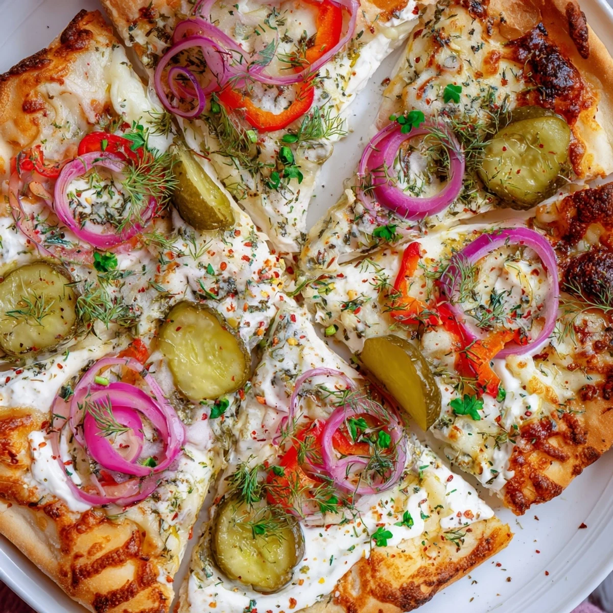 Festliche Pickle Quark Pizza mit cremigem Käse und knusprigen Gurken ist bereit zum Servieren.  