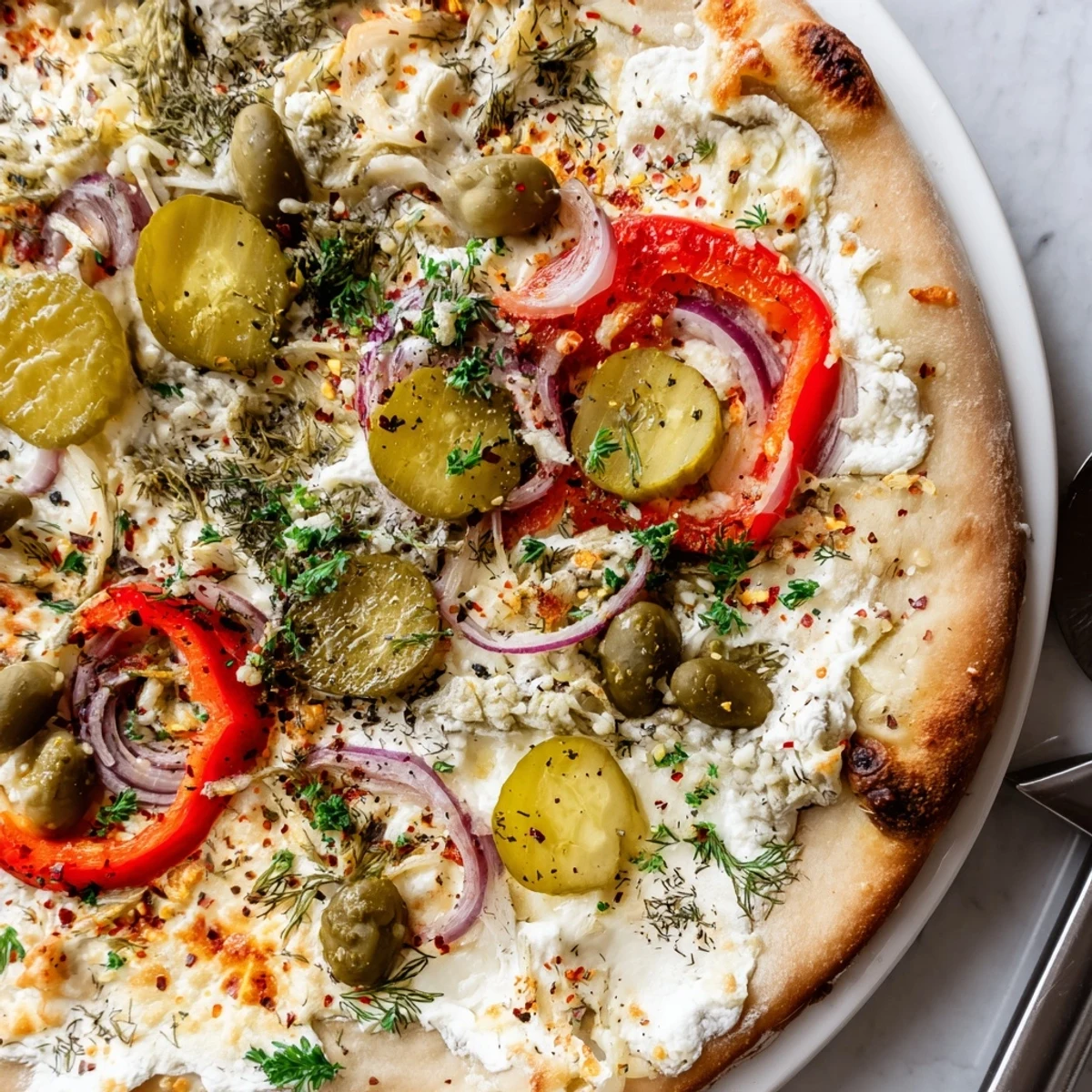 Leckere Pickle Quark Pizza, mit weichem Käse und pikanter Gurke, perfekt zum Teilen.  