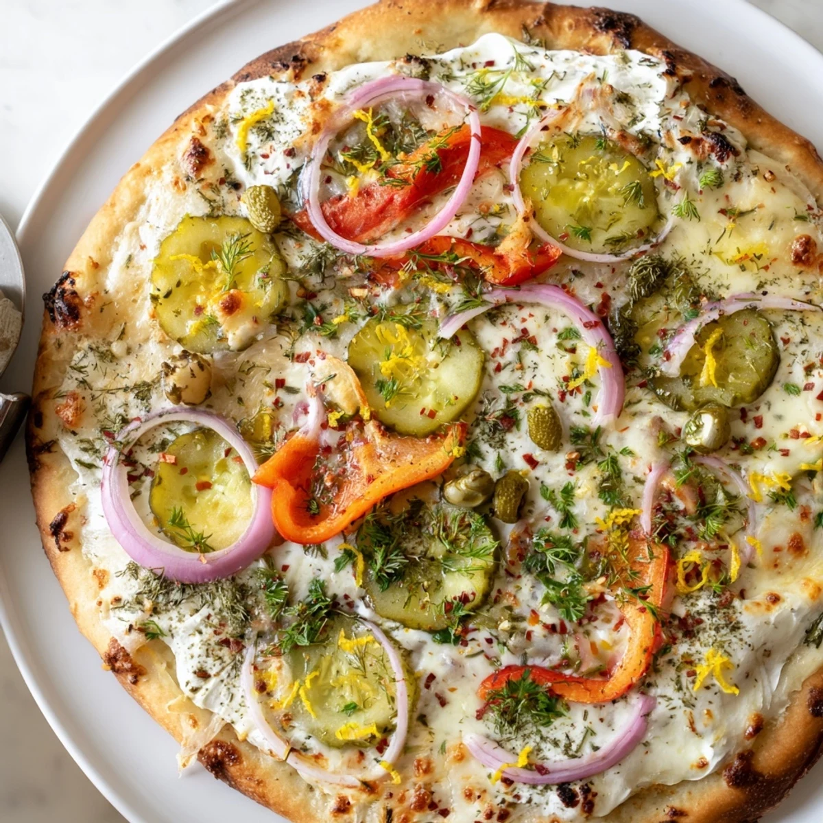 Einzigartige Pickle Quark Pizza vereint fruchtige und würzige Aromen für Gemüse-Liebhaber.