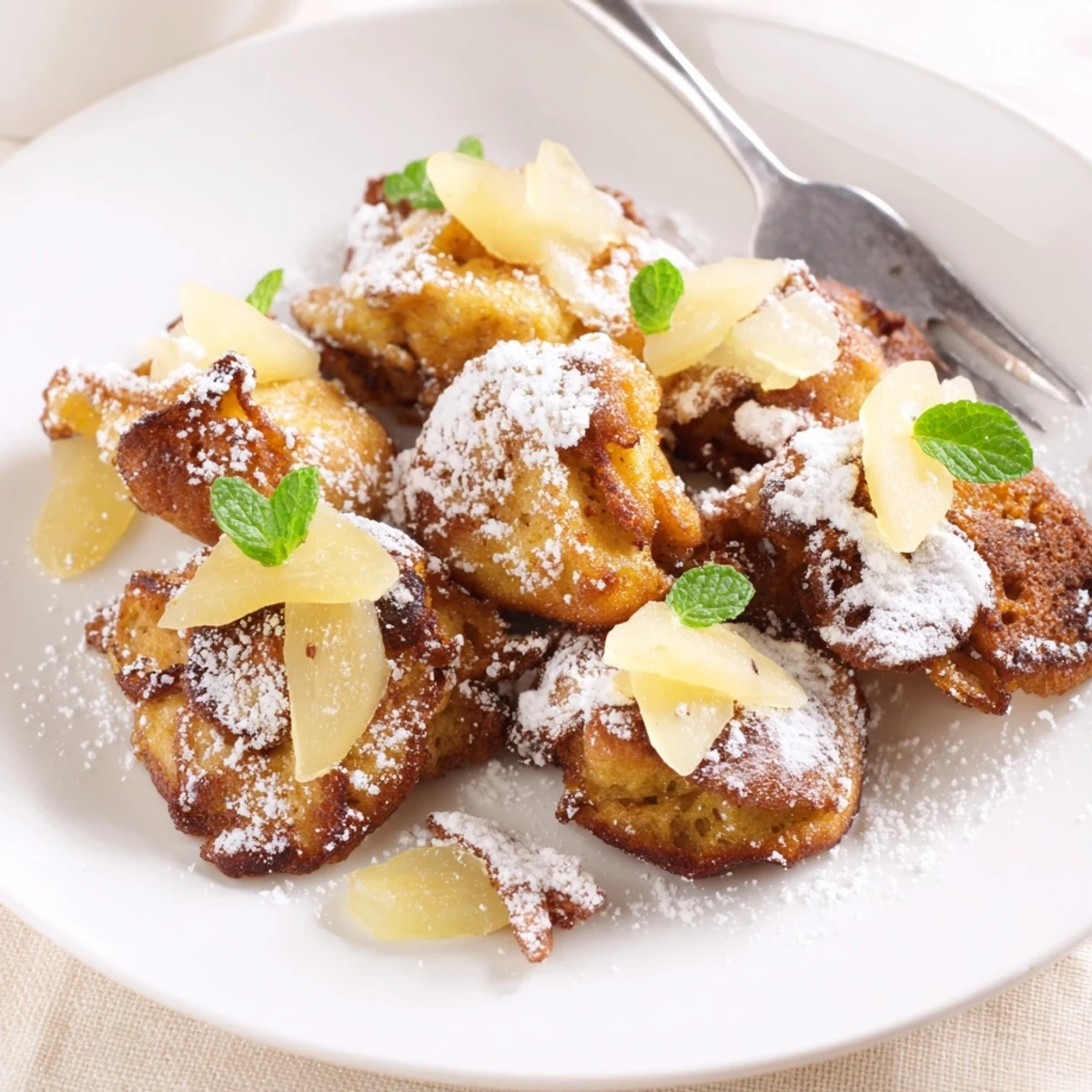 Bunte Teller voller Kaiserschmarrn-Bisse, verziert mit Puderzucker und Ingwer.  