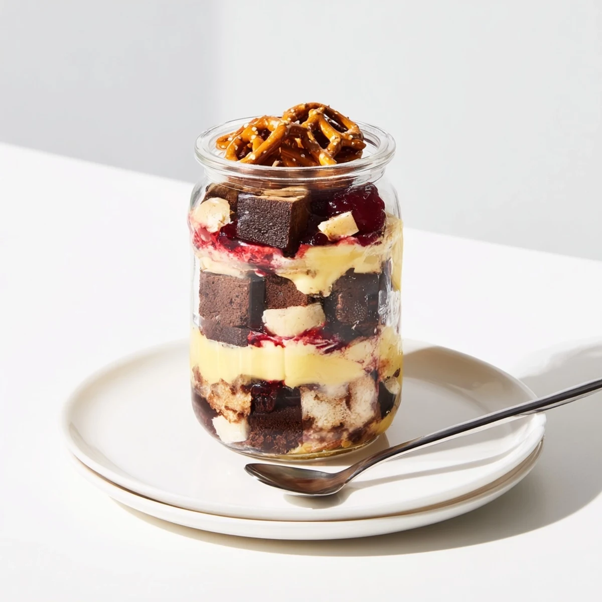 Schokoladige Biergarten-Kuchen-Gläser mit Kirschen und Vanillecreme, himmlisch geschichtet.