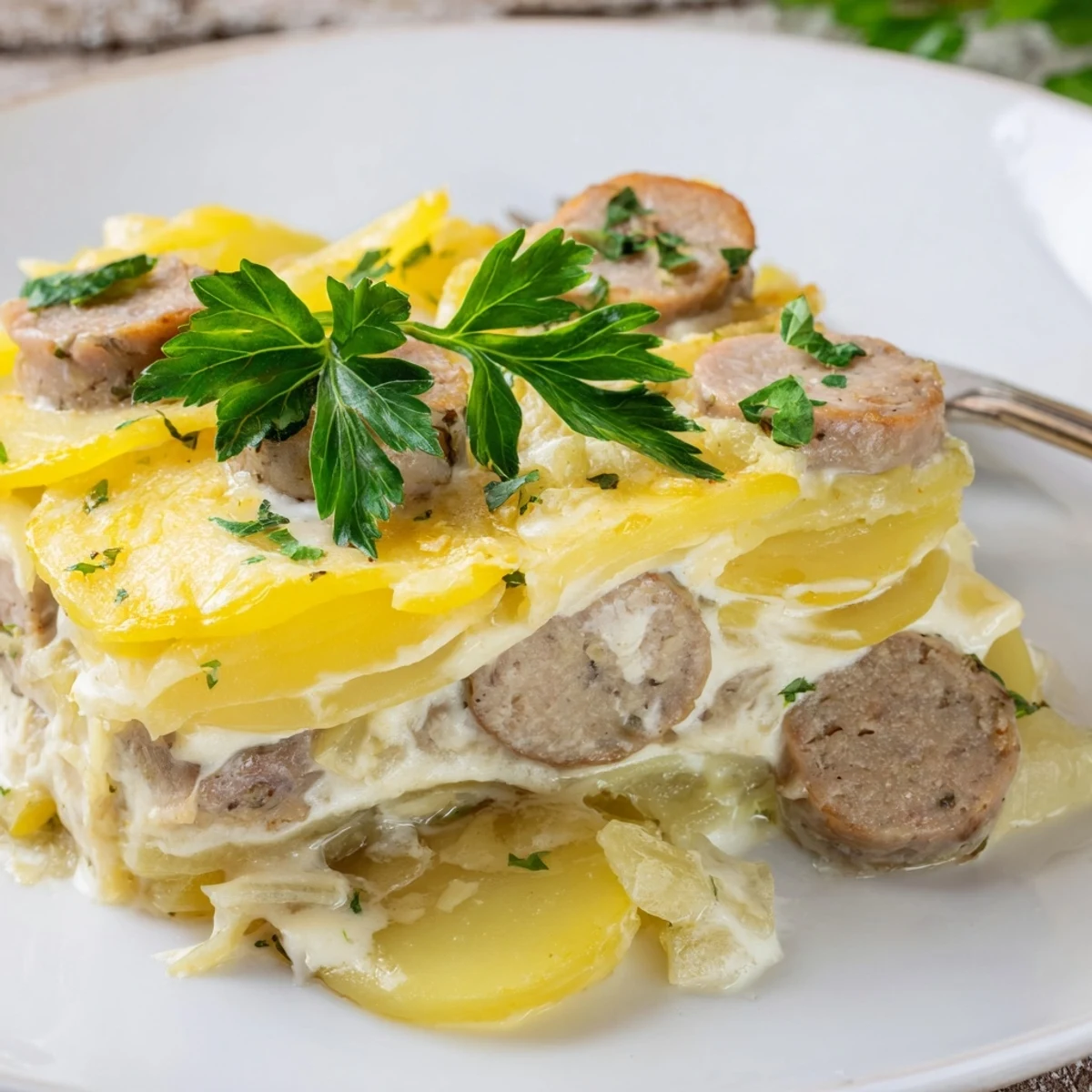 Herzhafter Bratwurst Kartoffelauflauf, perfekt für ein gemütliches Abendessen mit Familie.  