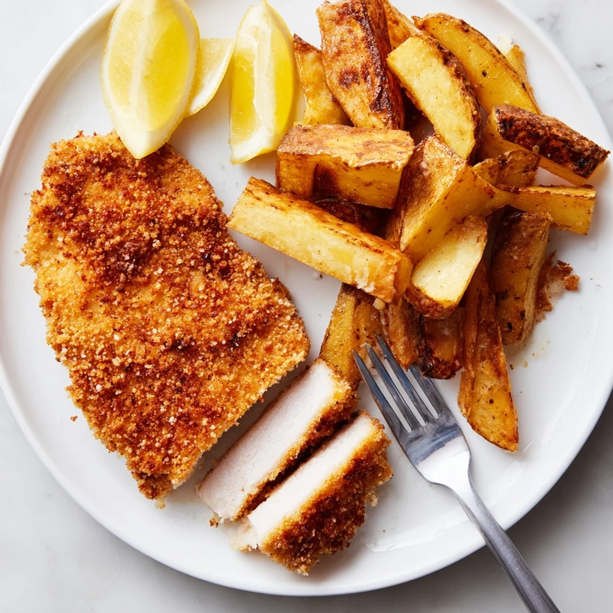 Zartes Schweinefleischschnitzel mit goldbraunen knusprigen Pommes frites und Zitronenscheiben serviert.  