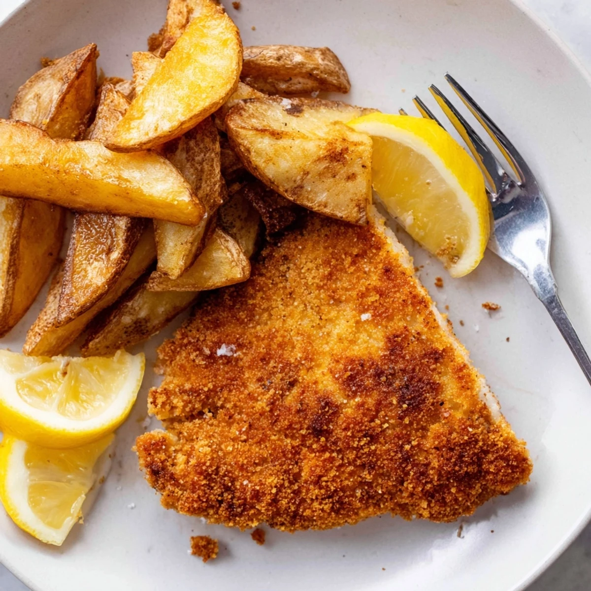 Knusprige Pommes frites neben perfekt paniertem, goldbraunem Schweineschnitzel auf einem Teller.  