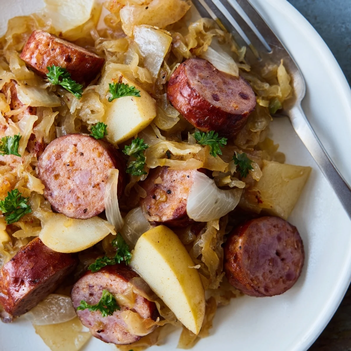 Reichhaltige Aromen von Sauerkraut und Wurst in einer warmen Pfanne serviert.  