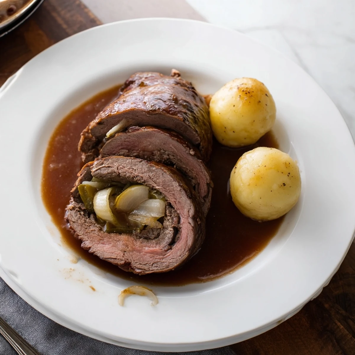 Traditionelles Rinderrouladen-Rezept, perfekt braun gebraten und mit reichhaltiger Sauce serviert.  