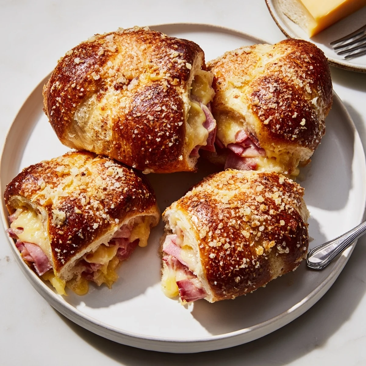 Herzhafte Ham and Cheese Stuffed Pretzel Rolls, ideal für Snacks oder Partybuffets.