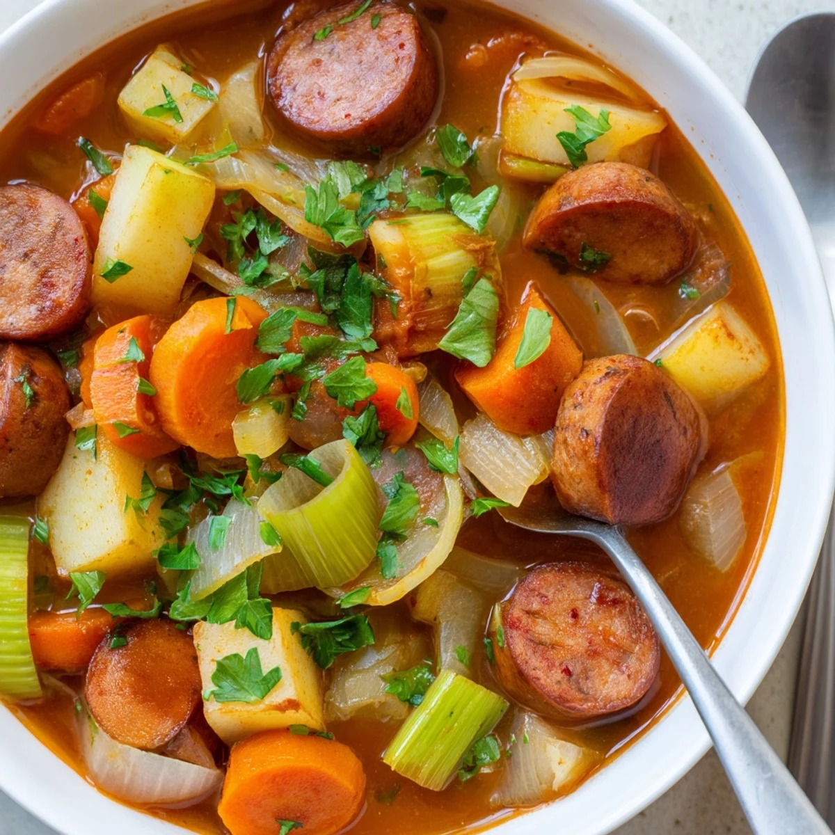 Herzhaftes Smoked Sausage Stew mit zarten Wurzelgemüsen in einem köstlichen Eintopf.