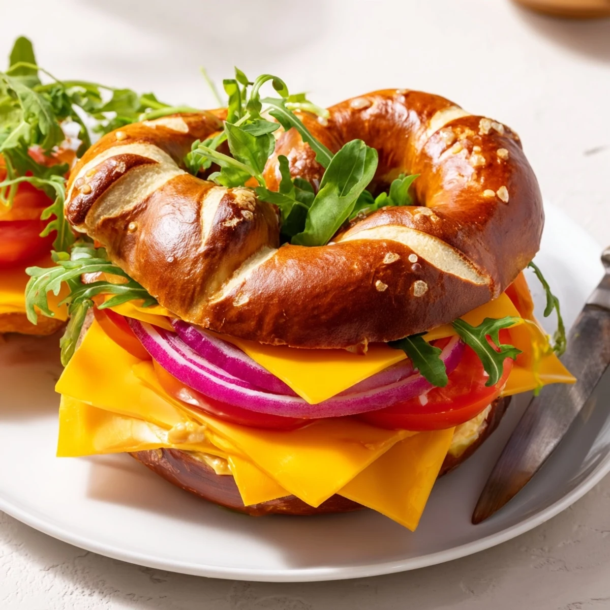 Weiche, herzhafte Bavarian Pretzel & Cheddar Sandwiches mit geschmolzenem Käse und frischen Zutaten