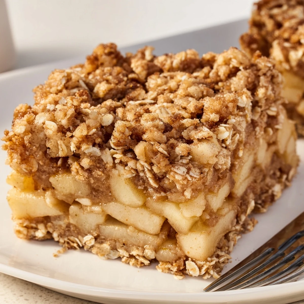 Herzhafte Apple Streusel Frühstücksbars mit einem goldbraunen, buttrigen Belag.