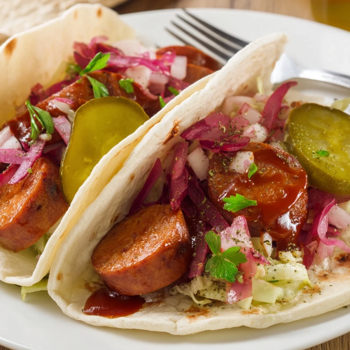 Räuchernde Currywurst-Tacos mit rauchigen Bratwürsten und frischem Gemüse präsentieren.  