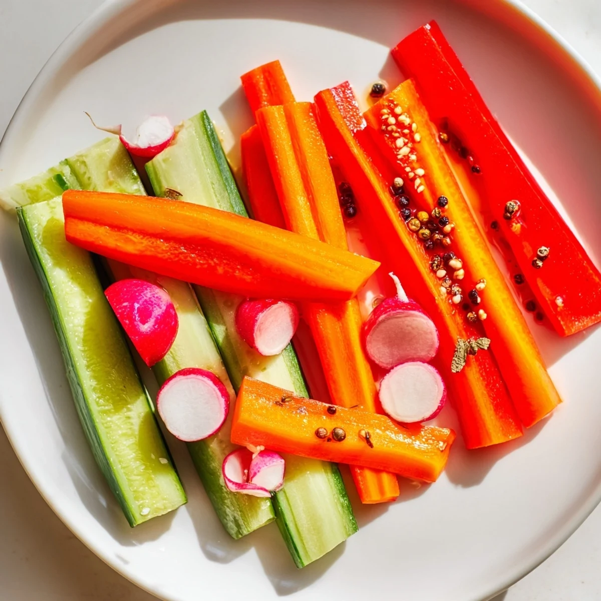 Vielseitige Quick Pickled Veggie Sticks, ideal zum Dippen oder als Beilage.