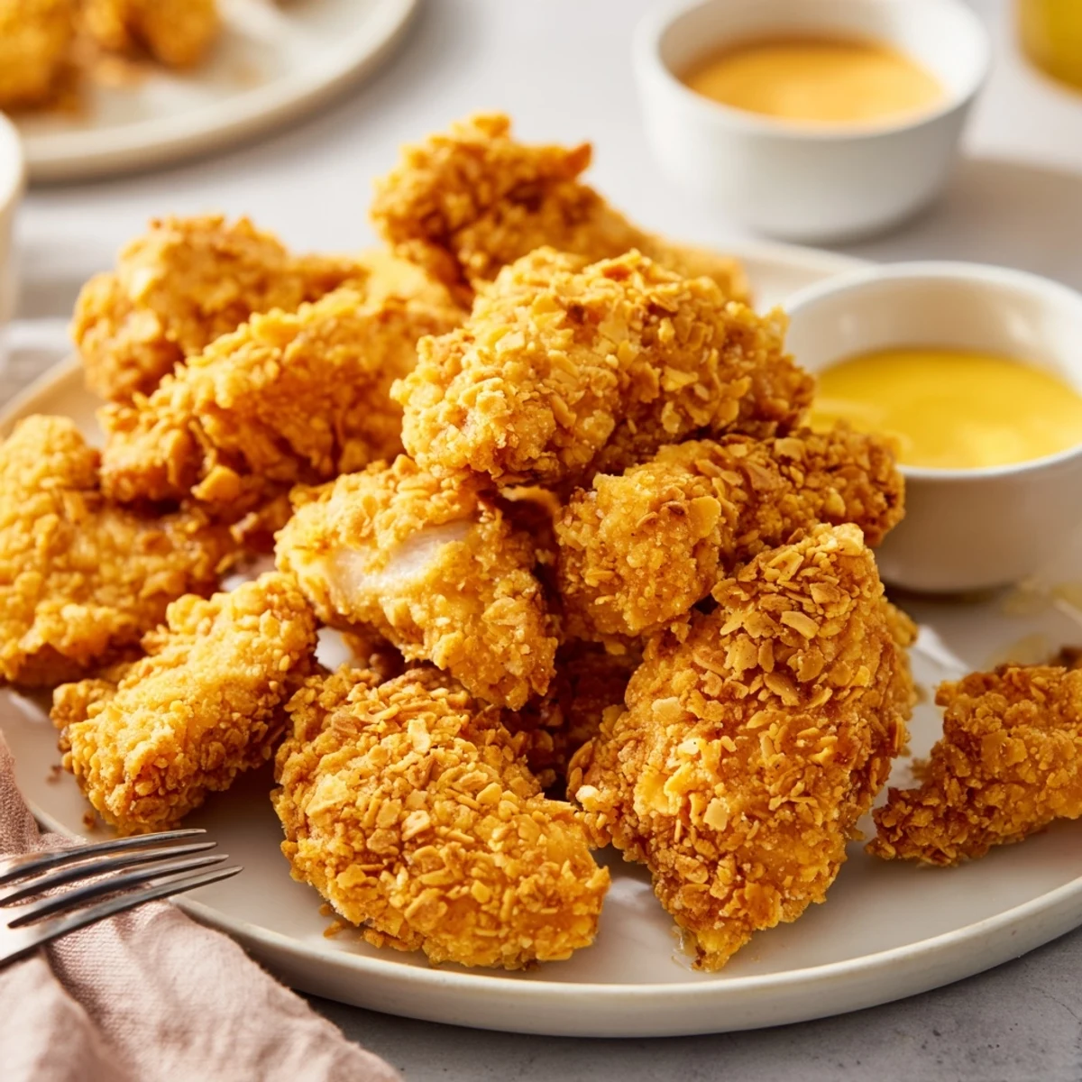Crispy pretzel crusted chicken bites served with delicious honey mustard dip.  