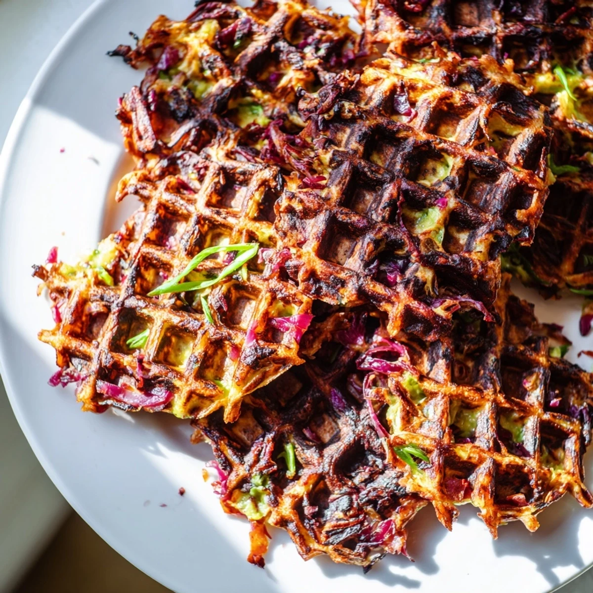 Herzhafte Crispy Red Cabbage Waffles, ideal für einen farbenfrohen Brunch-Tisch.