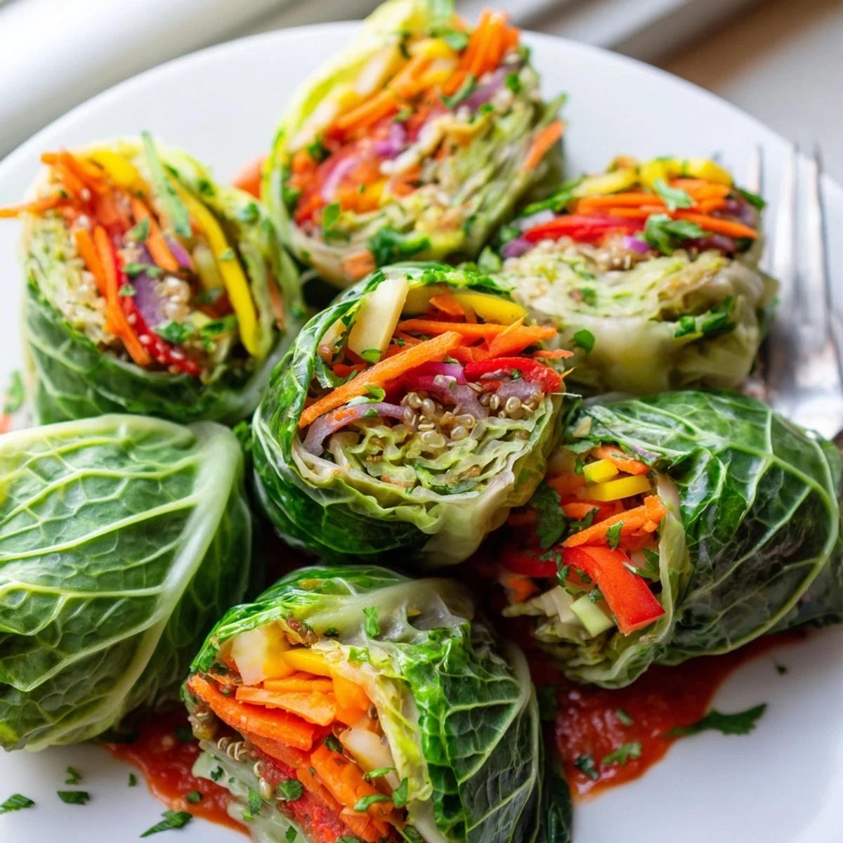 Bunte Sauerkrautrollen mit knackigem Gemüse, perfekt für ein herzhaftes vegetarisches Abendessen.