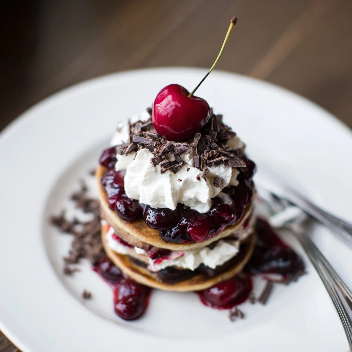 Mini-Pfannkuchen im Black Forest-Stil, geschichtet mit Schlagsahne und Kirschen.