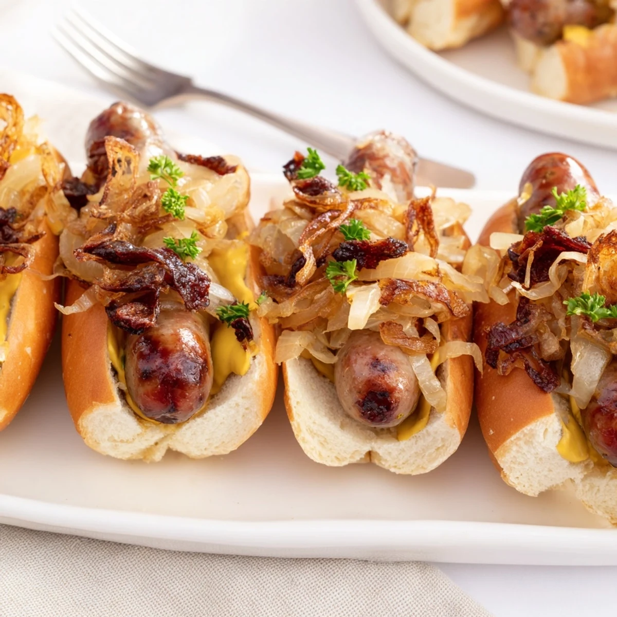 Saftige Mini-Bratwurst-Slider auf weichen Brötchen, belegt mit Sauerkraut.