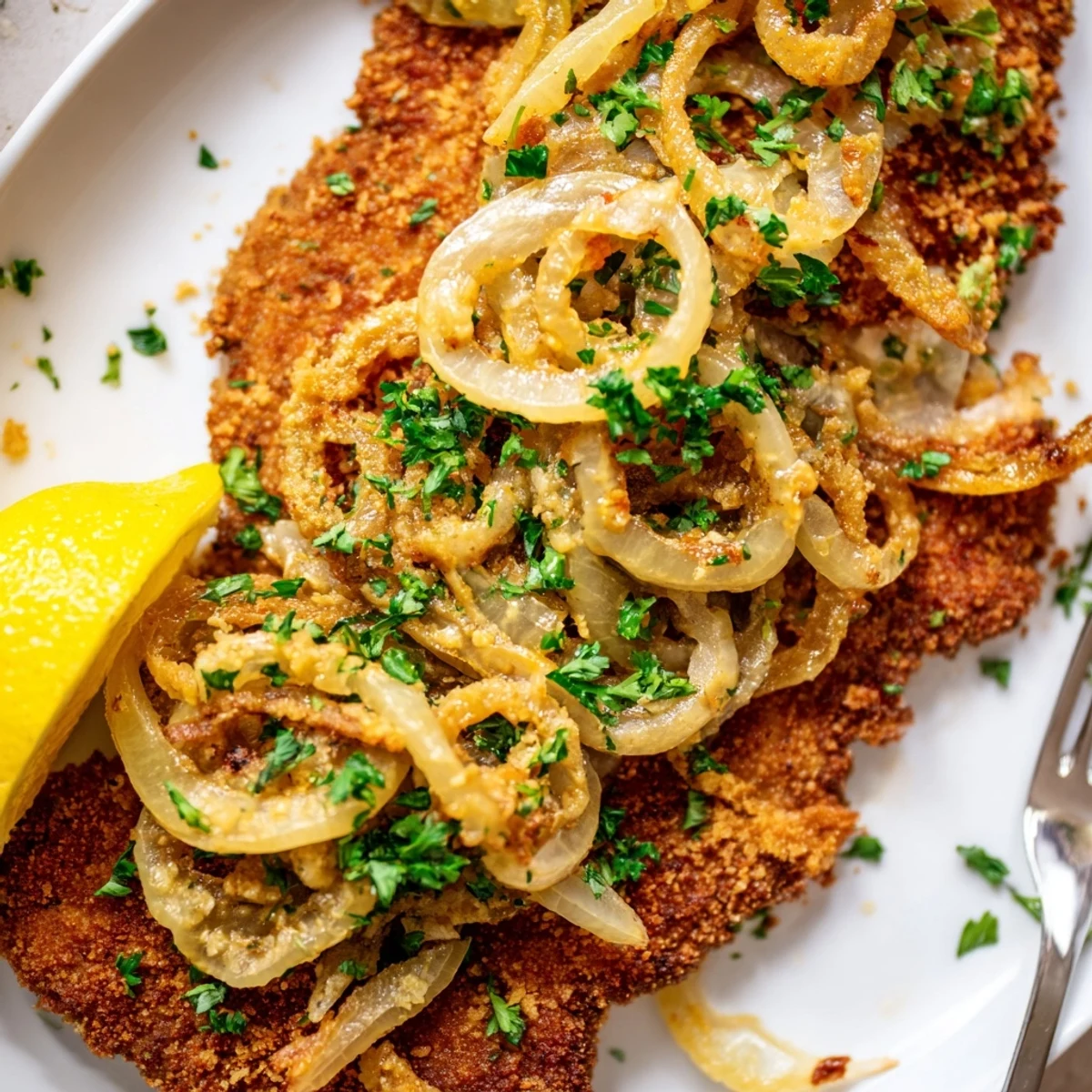 Karamellisierte Zwiebel-Schnitzel mit goldbraunem, knusprigem Belag und frisch gehackter Petersilie.