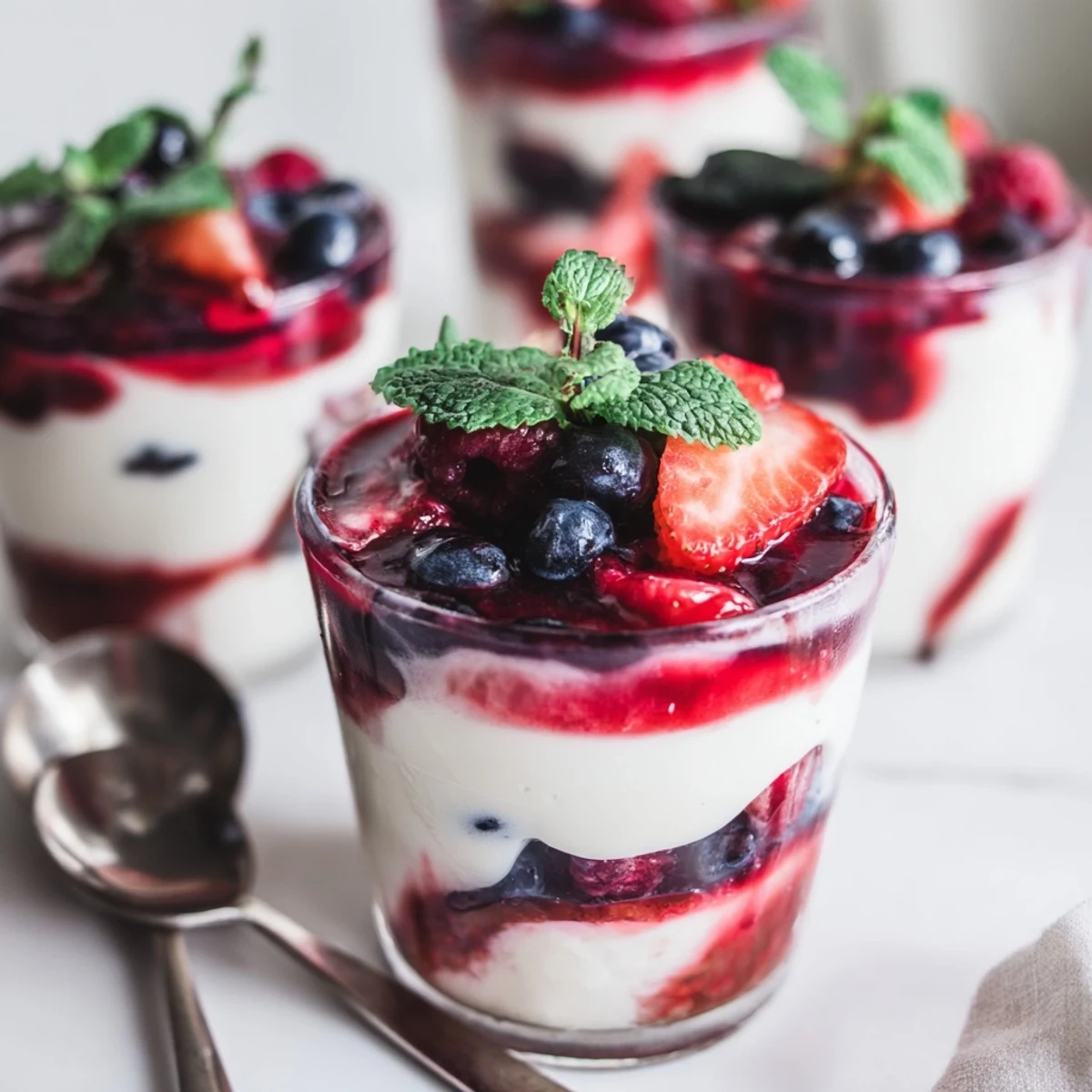 Erfrischende Berry Bavarian Yogurt Cups, serviert in eleganten Gläsern für festliche Anlässe.  
